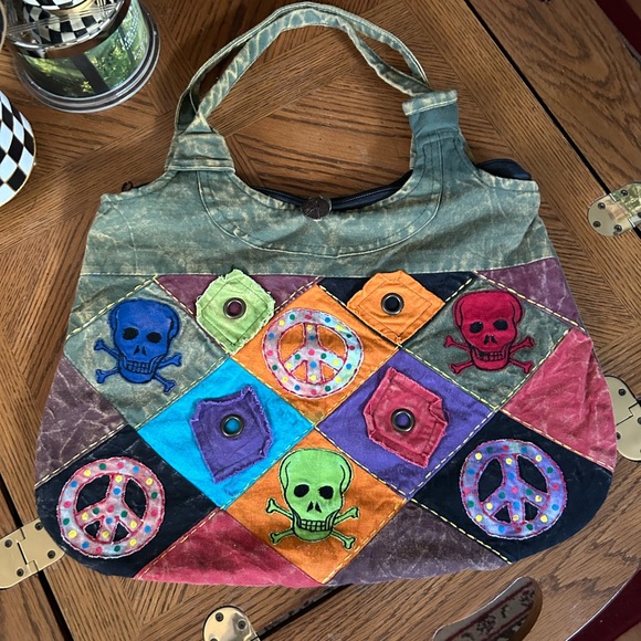 Vintage NEPAL BOHO Hippie PEACE SKULLS Patchwork Shoulder Hippie Bag - Picture 2 of 11